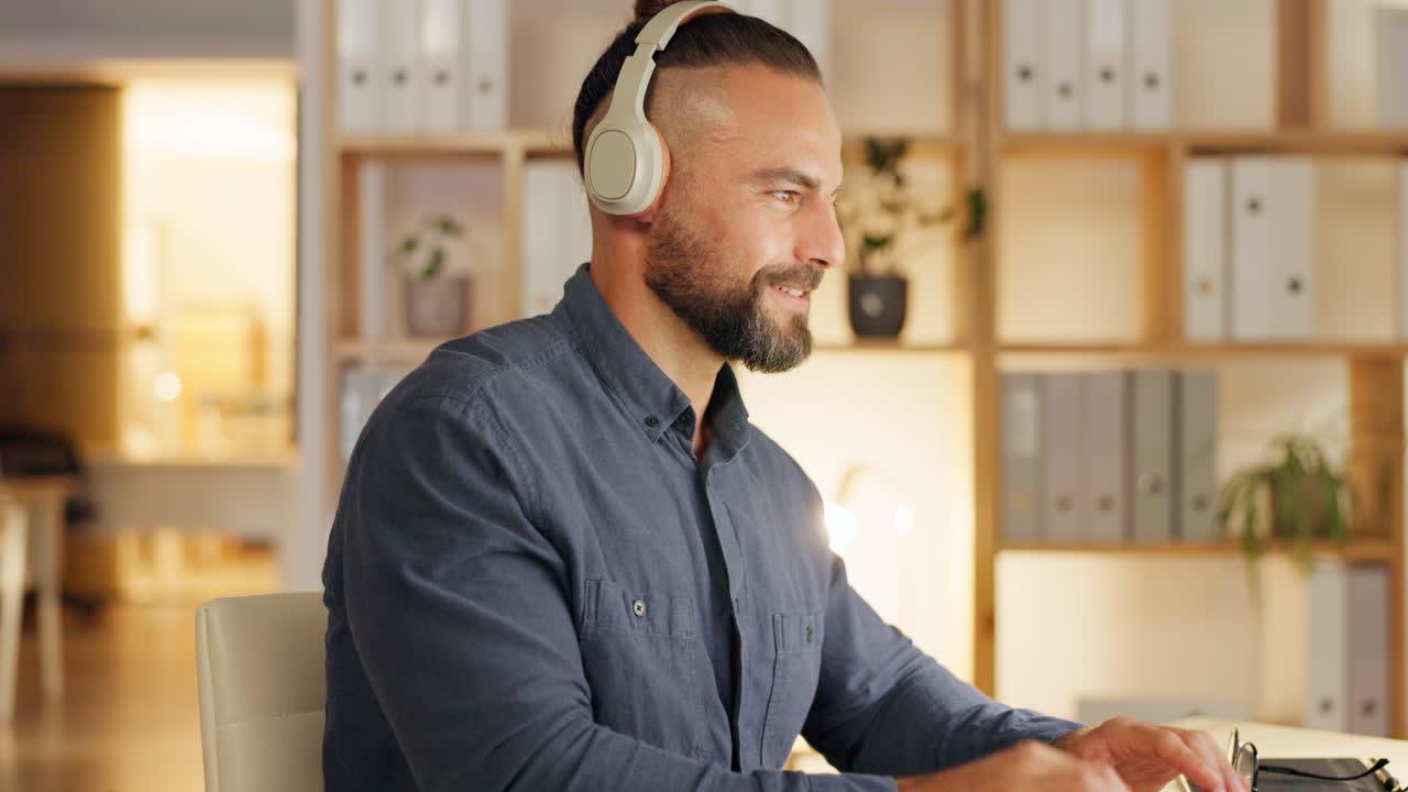 Business man, music and typing in night at office