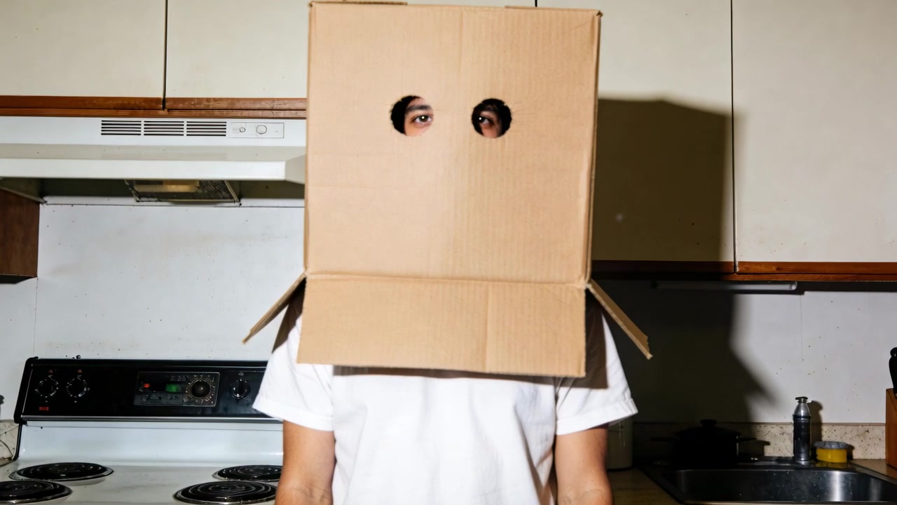 Wearing white T-shirt, man making small head turns, settling cardboard box on head in kitchen
