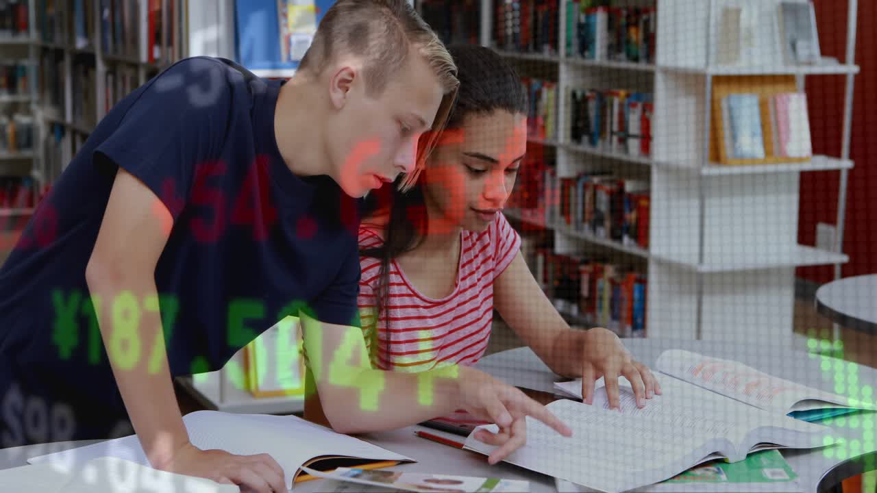 Boy walking, leaning, pointing page while girl studying in library; numeric tickers over hands