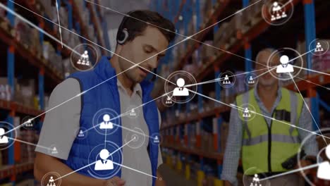 Animation-of-profile-icons-connecting-dots,-caucasian-supervisor-with-colleague-at-warehouse