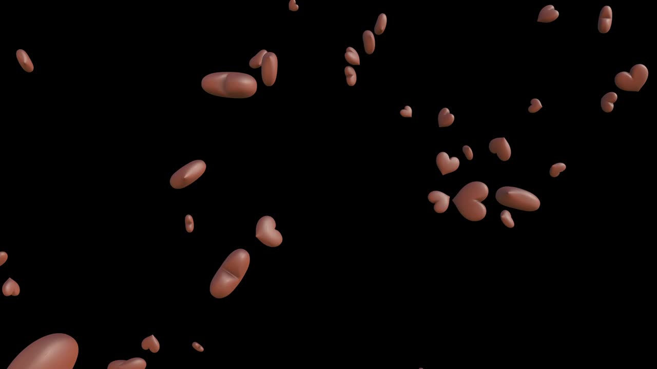 갈색 심장 모양의 추상적인 애니메이션. 검은 바탕에.