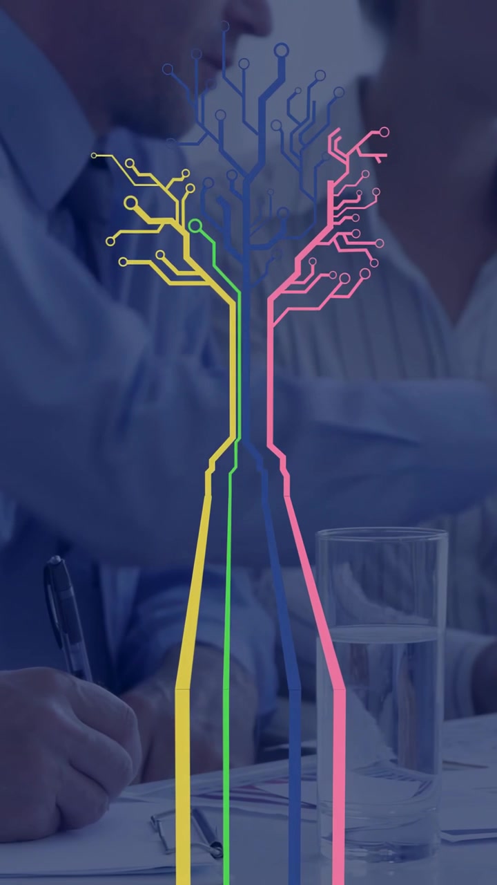 Video verticale: Un team aziendale definisce una strategia, occhiali che emettono barre formano una sovrapposizione di un albero di circuiti.