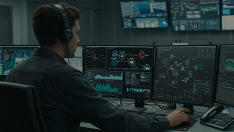 an analyst monitors a high-tech control room filled with multiple screens displaying complex data and graphics for cybersecurity operations