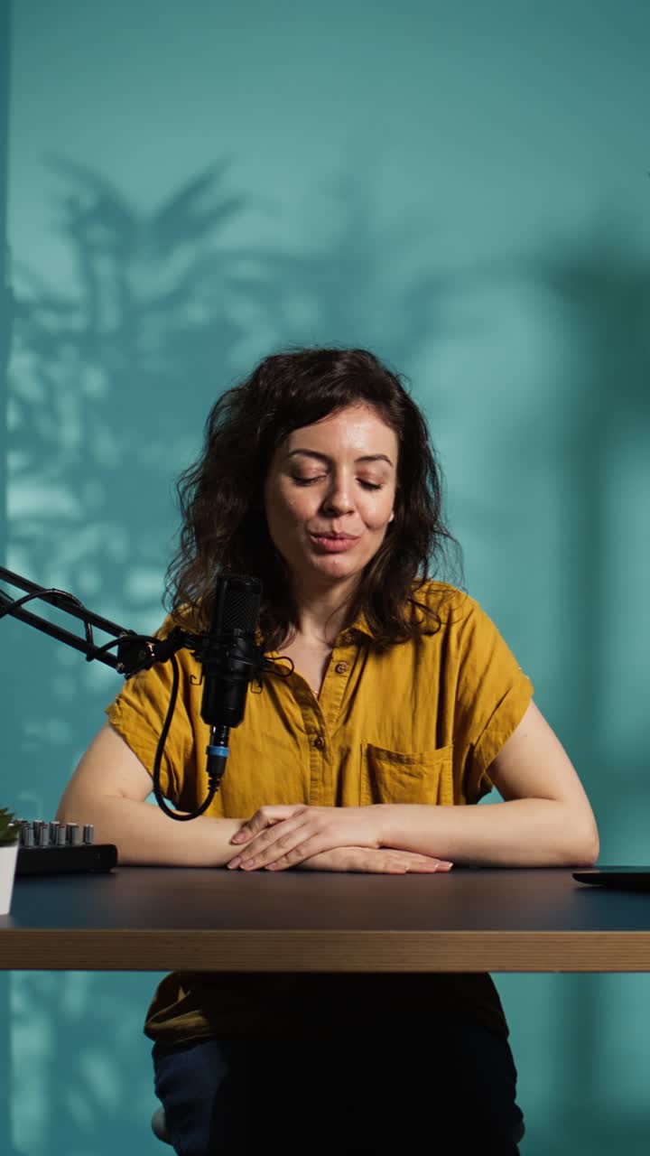 Podcaster donna che parla e gesticola in uno studio moderno