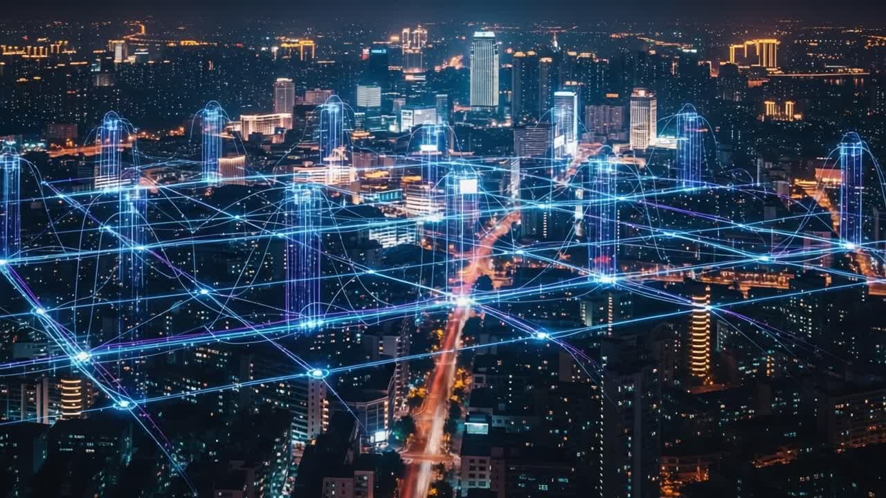 A Stunning Nightscape Showcasing a Digital City Network Interconnected with Illuminated Lines of Data Flow and Vibrant City Lights in the Urban Skyline