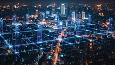 a stunning nightscape showcasing a digital city network interconnected with illuminated lines of data flow and vibrant city lights in the urban skyline