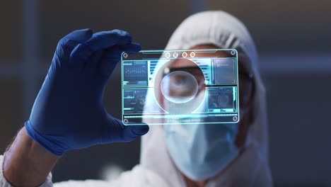 animation of male scientist holding interactive screen with medical data processing