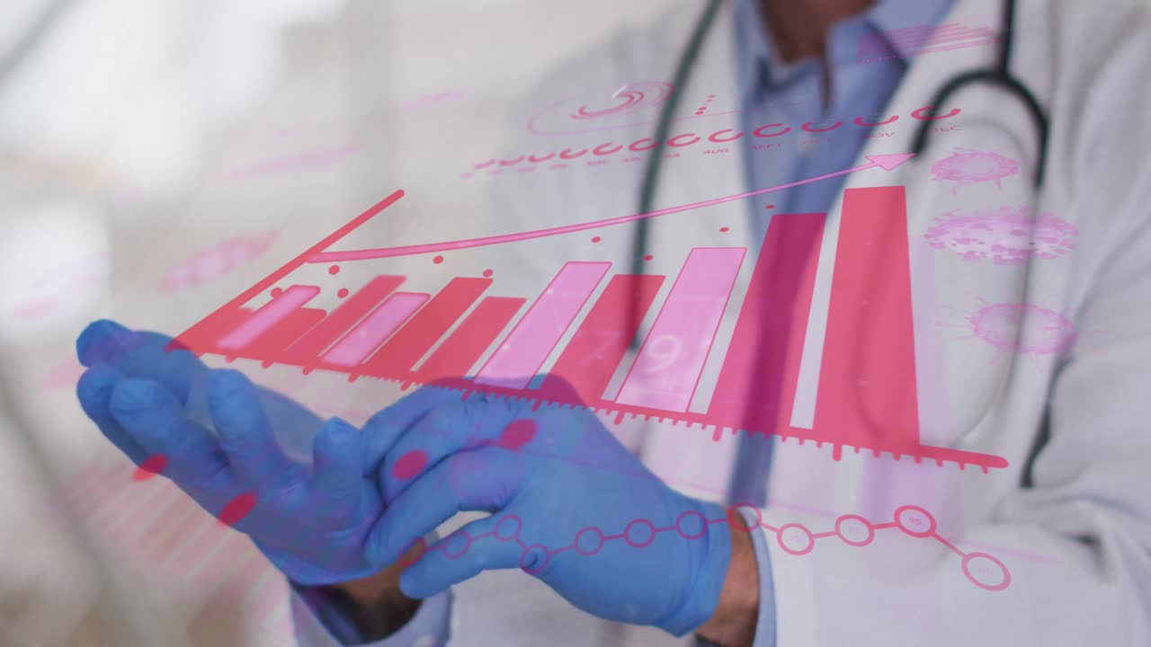 animación de gráficos sobre un médico de alto rango caucásico que se pone guantes médicos