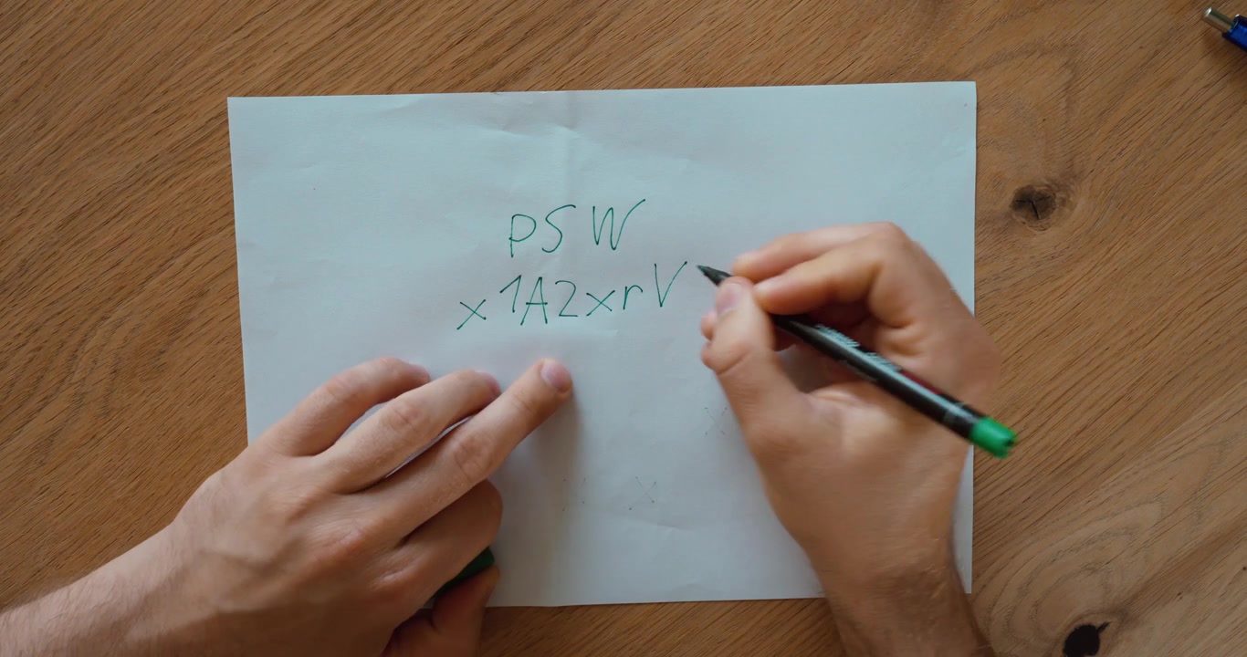 Top view of hands writing a password on a sheet of paper with a pen on a wooden desk. Simple concept of password, security, login, and authentication.