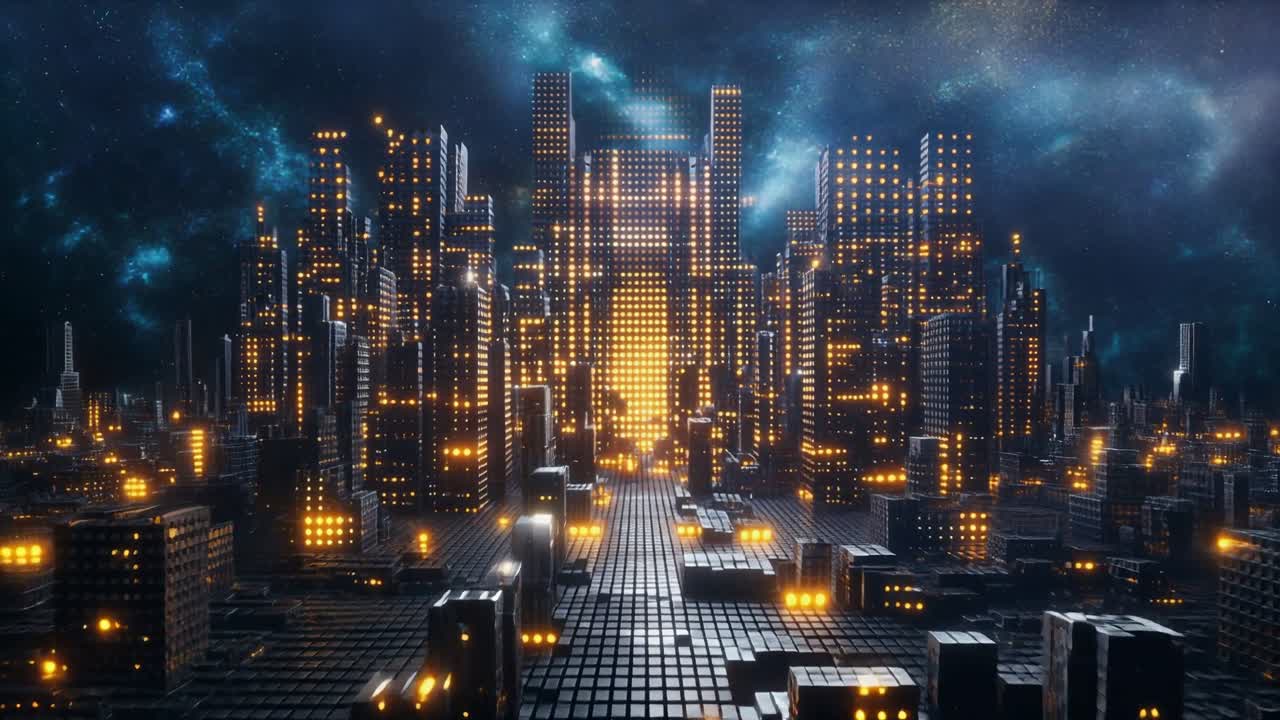 Flying Through a Futuristic Digital City at Night