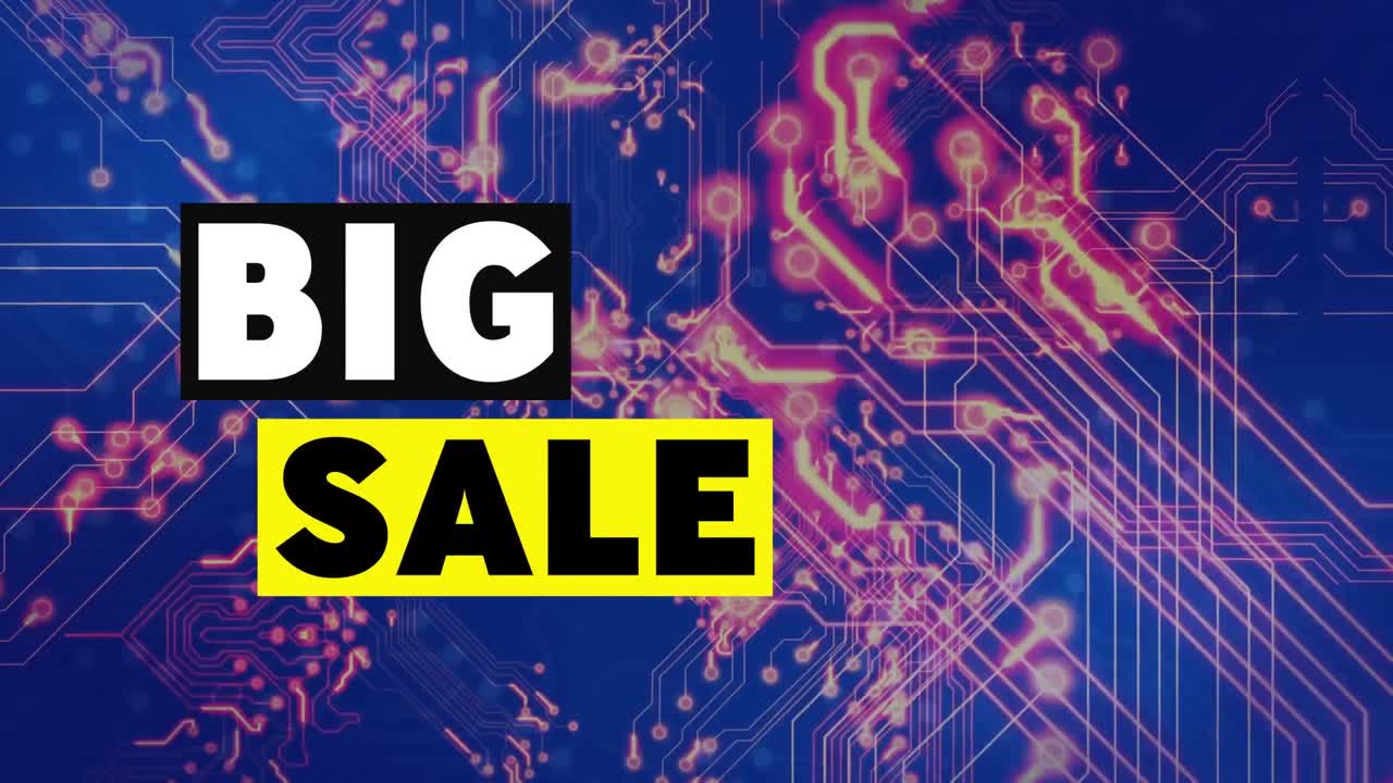 파란색 배경에 조명 된 회로 보드 패턴으로 큰 판매 텍스트의 애니메이션