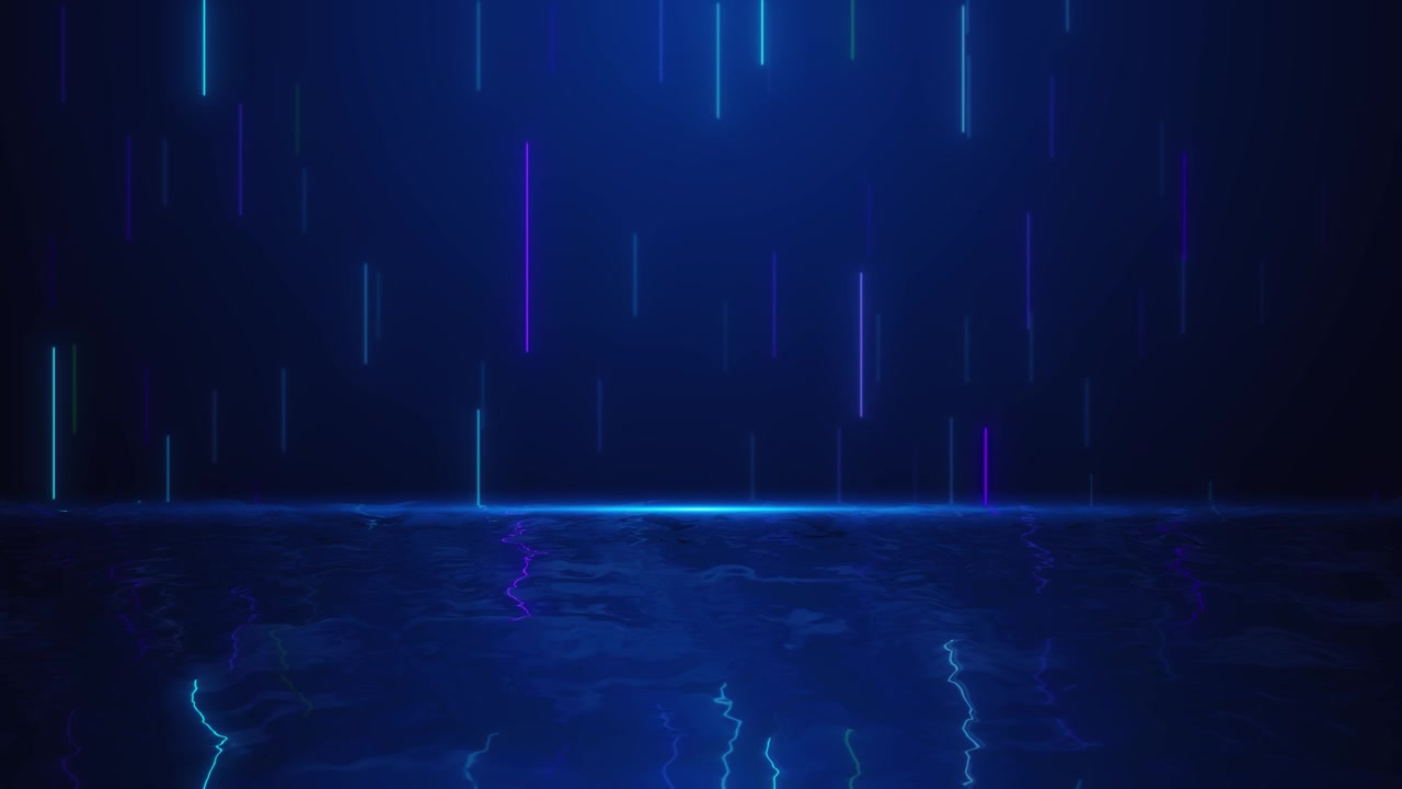 Cinematic blue light rain visual with falling neon bars reflective water ripples and deep