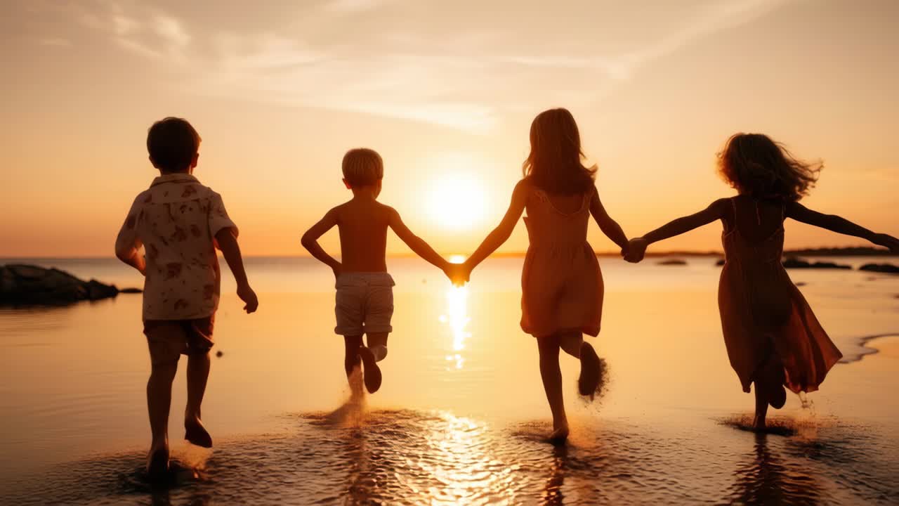 Silhouetted children run hand in hand on a beach at sunset. Captured from behind at a low angle
