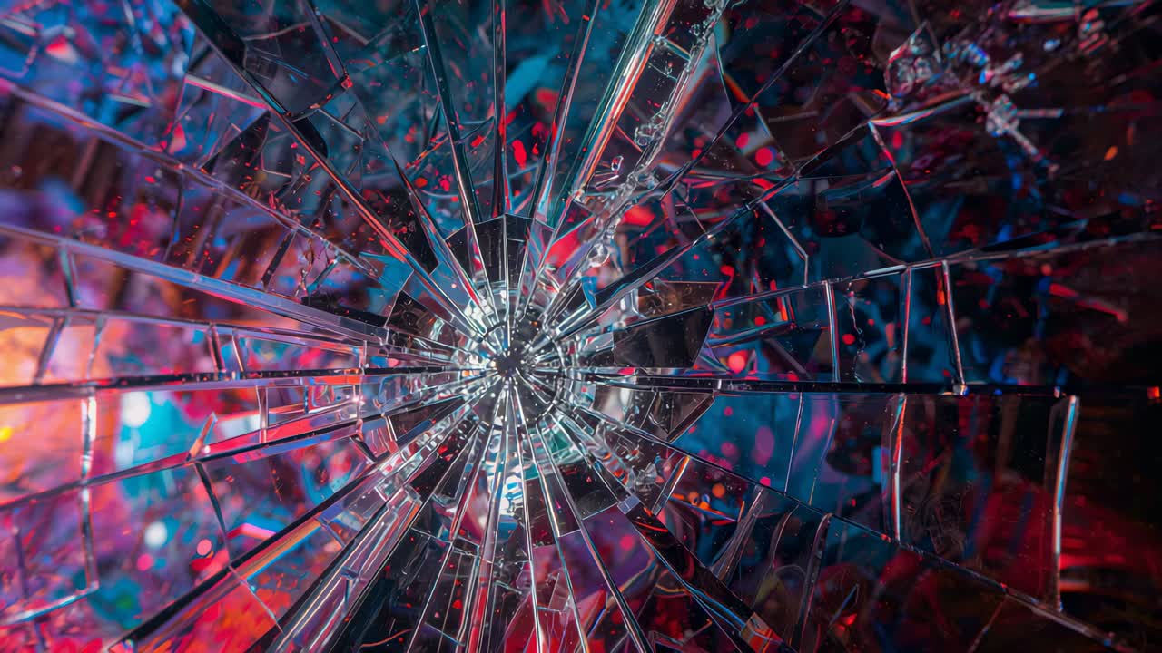 Knust glasrude med radiale revner hen over studieframes, der viser farverig bokeh.