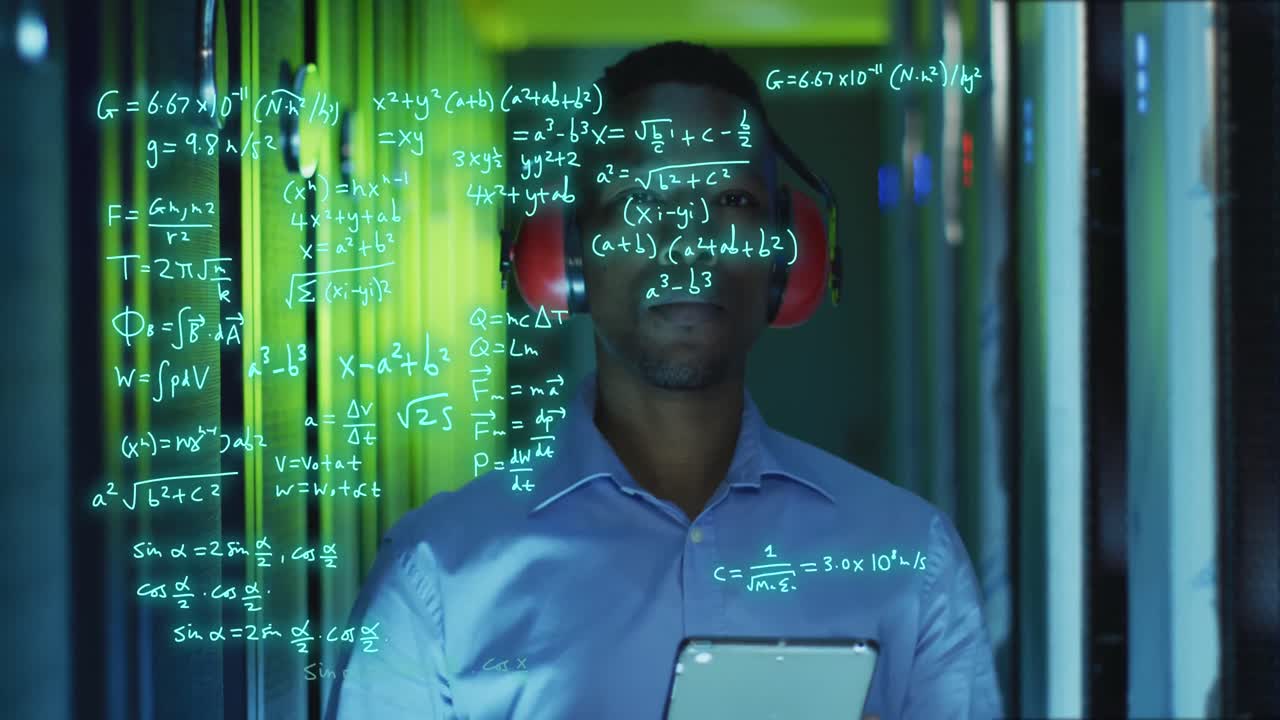 Animation of mathematical equations over african american male worker in server room