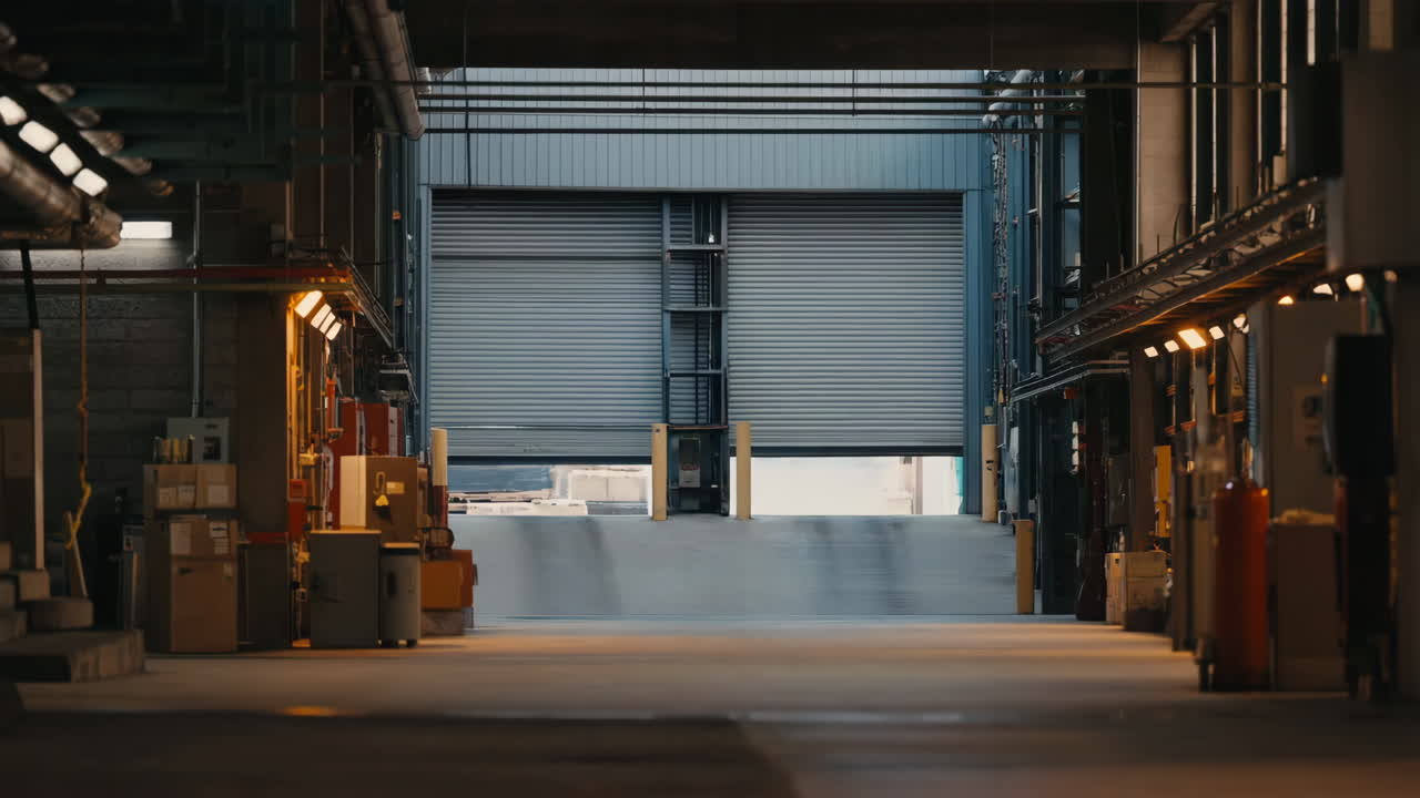 Empty Industrial Warehouse Loading Dock with Partially Open Roller Shutter Door