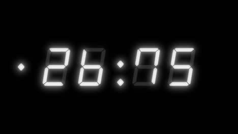 4 digit, 30 second digital clock countdown timer. white digits on black color background with a white light beside the timer. retro digital alarm clock