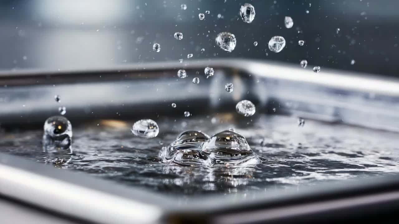Captivating Slow-Motion Water Droplets Dancing on a Metal Surface, Showcasing the Beauty of Liquid Dynamics and the Intricate Patterns Formed as Water Bounces and Splashes in Close Range