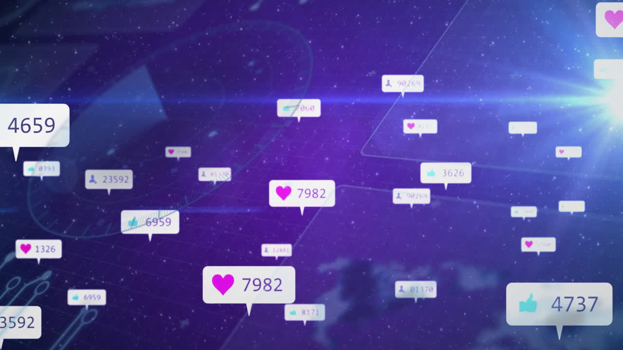 Animation of social media notifications floating over digital network background