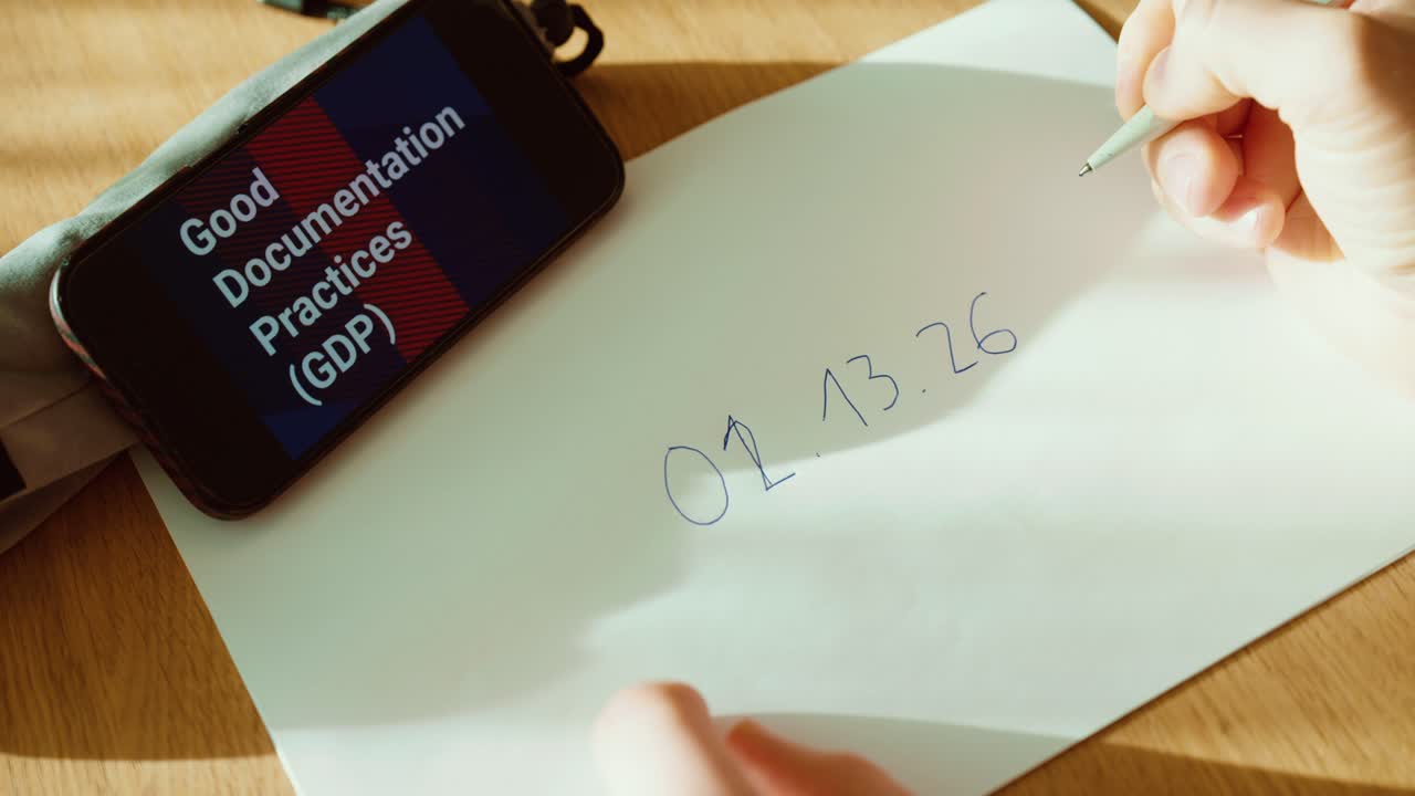 Close-up of a hand correcting a written date by striking through the error and adding a side note with justification, while “Good Documentation Practices (GDP)” is shown on a smartphone. Ideal for pha