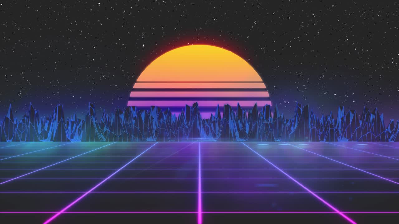 Stylized vintage 3D animation background with mountains, sun and glowing stars. 80s retro futuristic sci-fi seamless loop