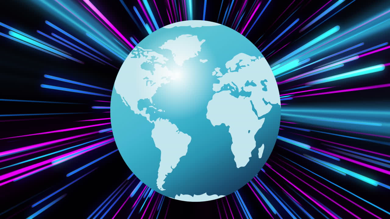 분홍색과 파란색 네온 빛 흔적 위에서 회전하는 지구의 애니메이션