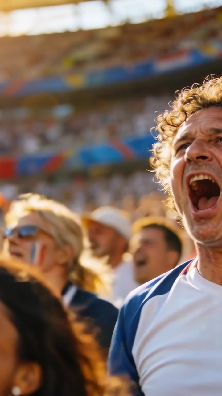 Video verticale: Uomo di mezza età esultante in maglia bianca che alza il pugno per un gol nello stadio, con una bandiera.