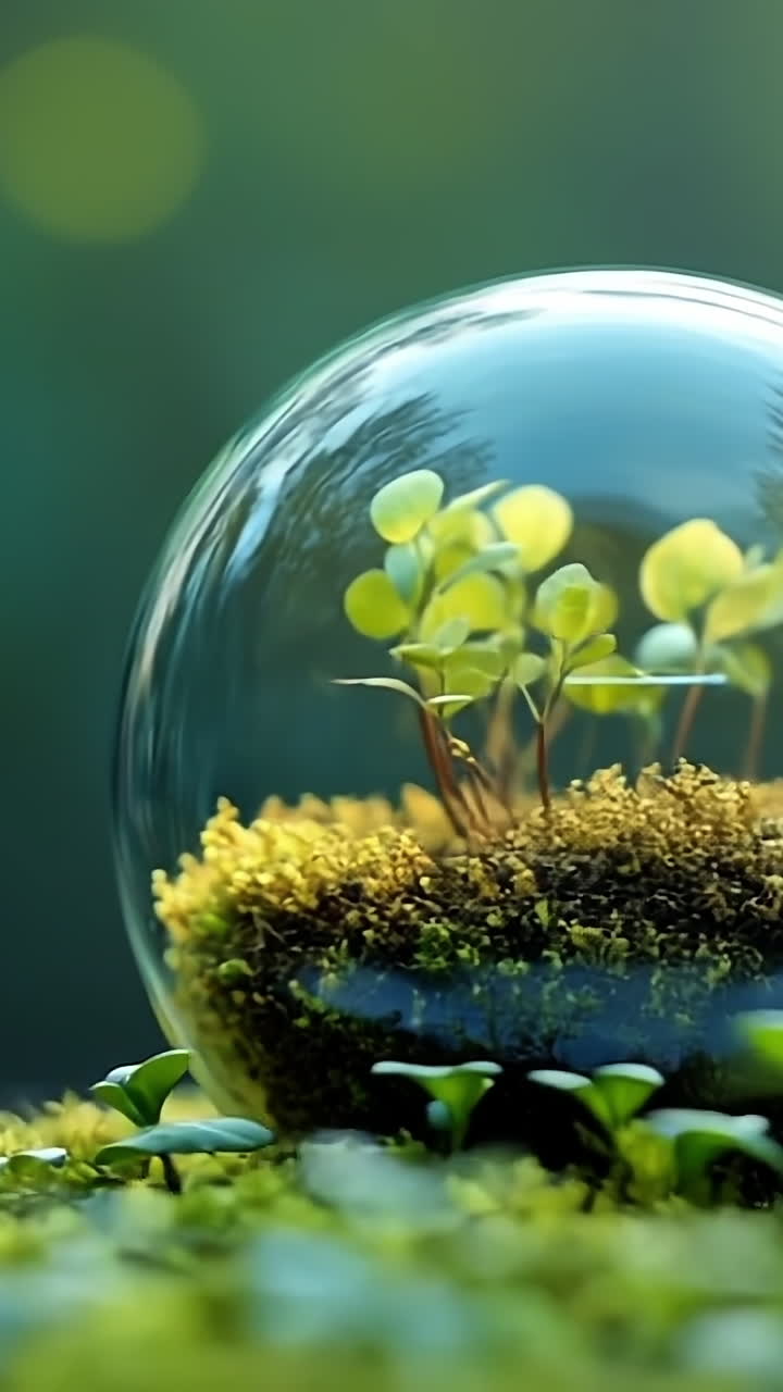 Fresh greenery enclosed in a glass orb. Small plants grow inside a glass orb resting on a bed of moss in a tranquil outdoor setting during daylight.