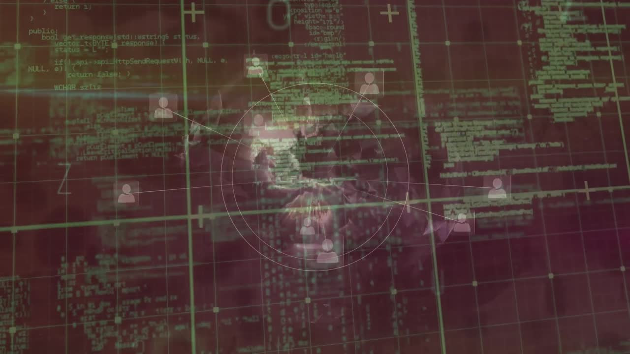 데이터 처리 및 연결 네트워크를 가진 지구의 애니메이션 빨간 바탕