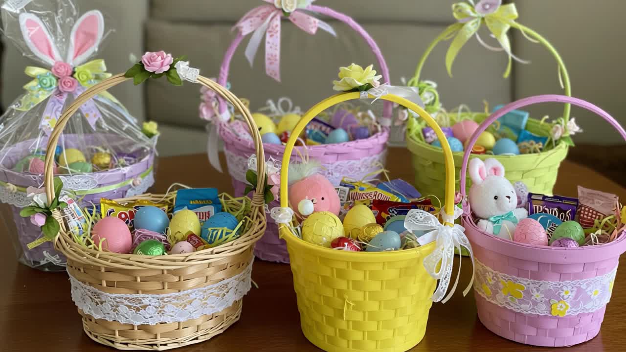 Colorful Easter Baskets Filled with Treats: A Festive Display of Decorative Baskets Overflowing with Eggs, Chocolates, and Plush Toys for the Holiday Celebration