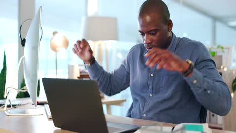 Laptop,-yawning-and-stretching-with-a-business