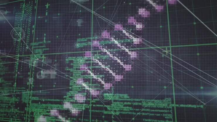 Animation of data processing and dna on black background