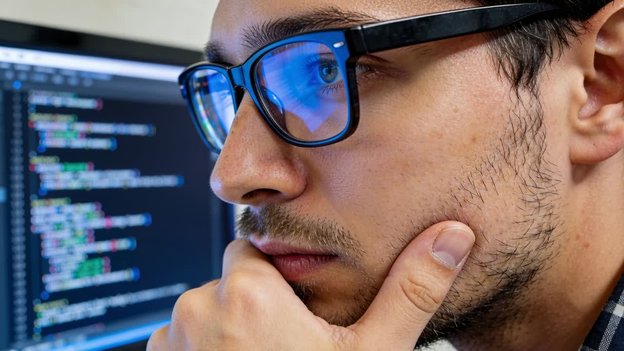 Programista IT, podpierając brodę, skanuje kod na monitorze, a jego okulary odbijają niebieskie wskazówki, pomagające w debugowaniu.