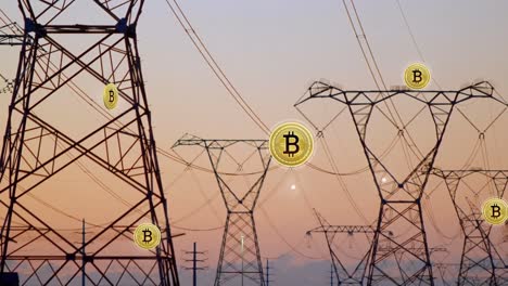 animation of bitcoin symbols over electricity pylons