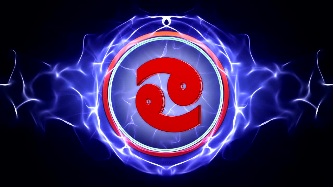 cáncer signo del zodiaco en partículas animación de anillo, fondo, bucle