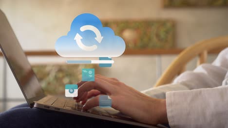 woman working on her laptop at home while data being synchronized to cloud computing online storage and iot computer network for devices