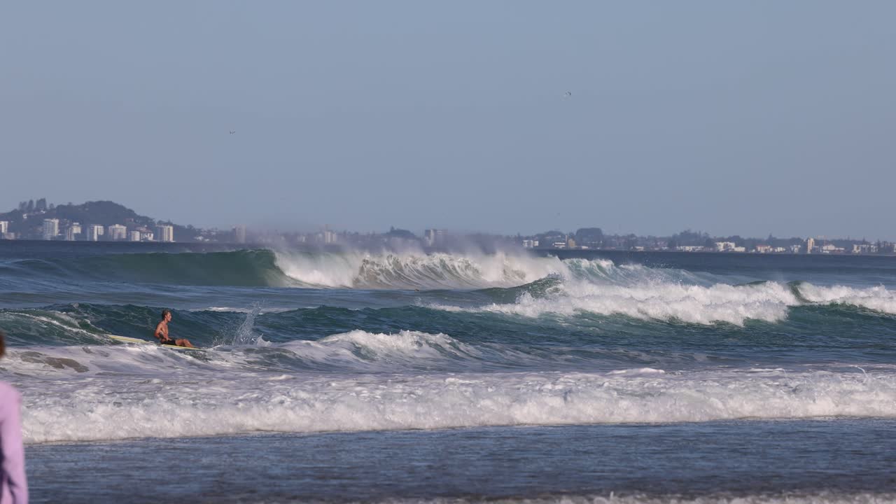 한 아이가 해변에서 파도를 타는 서퍼를 관찰합니다.