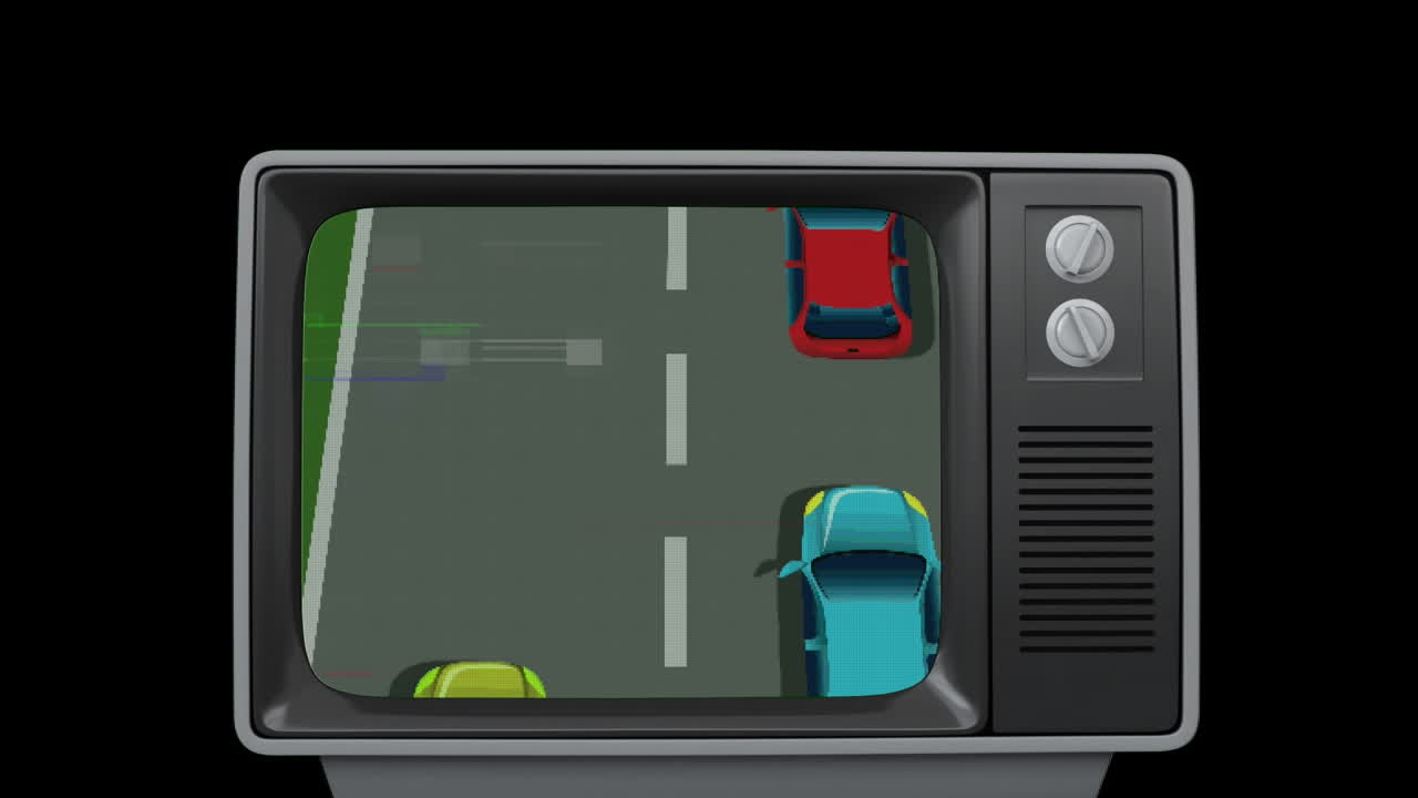 animación de una pantalla de televisión con un juego de carreras de coches sobre un fondo negro
