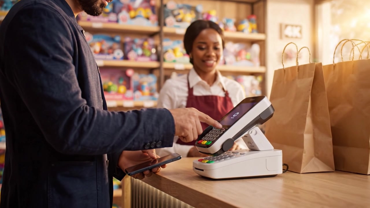 Un'esperienza di acquisto accogliente: un cassiere che assiste i clienti con i sacchetti degli acquisti in un ambiente di negozio di giocattoli colorato, pieno di merce giocosa e sorrisi.