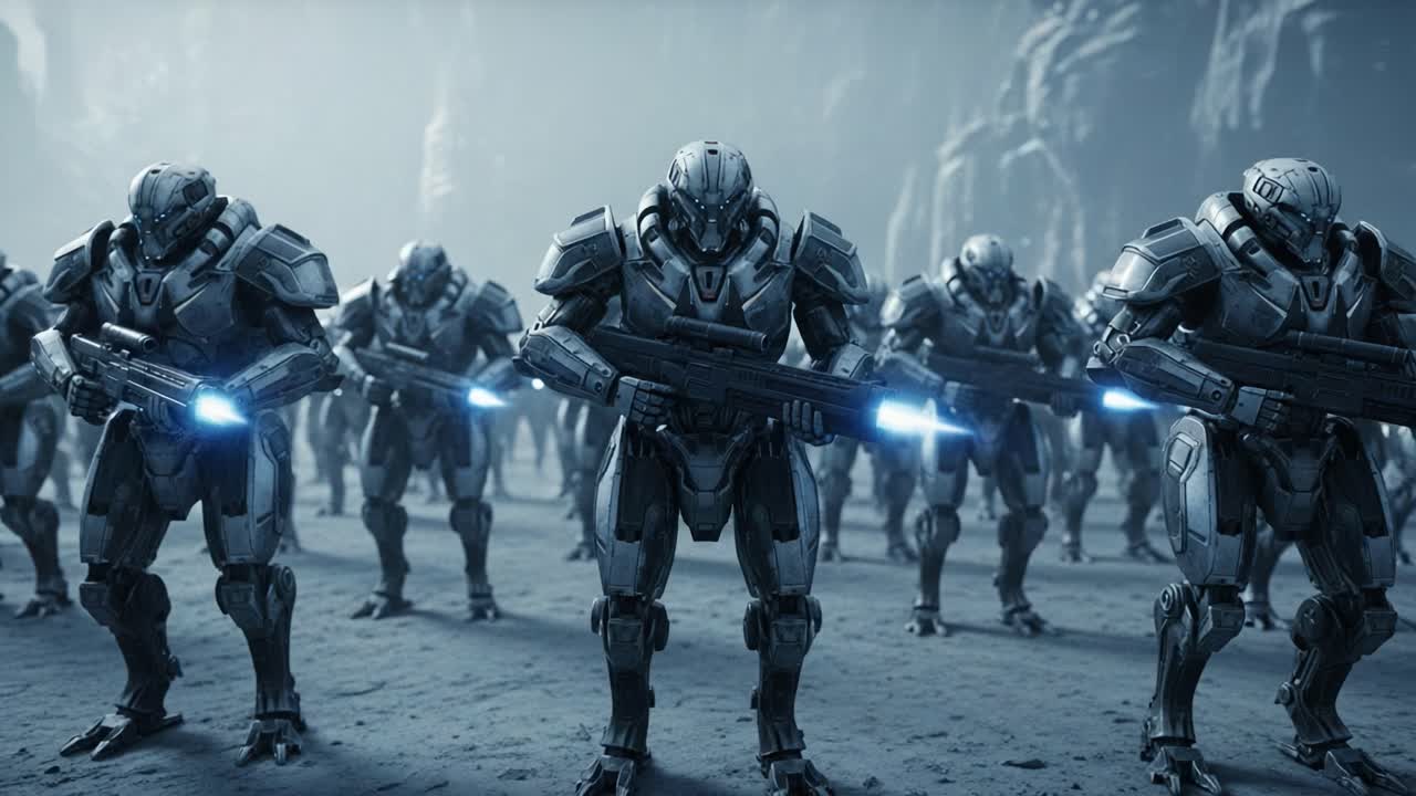 A Futuristic Army of Advanced Battle Droids Assembles in a Mysterious Terrain with High-Tech Weaponry, Ready for Action in an Epic Sci-Fi Setting