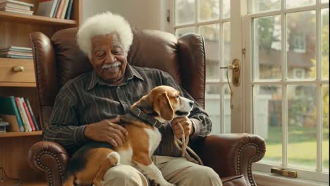 elderly african american man relaxing in an armchair with his beagle dog.