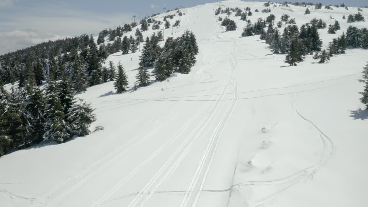 Kar kaplı ağaçlar ve kayak parkurları ile kış manzarası