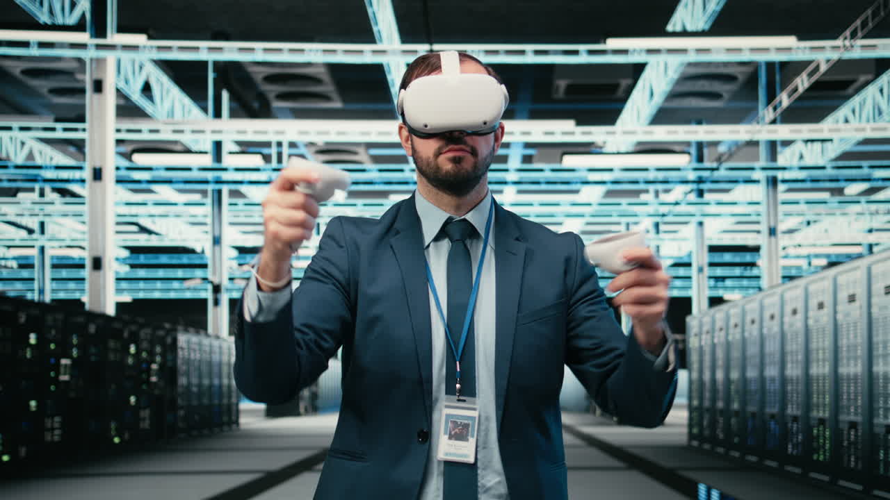 Businessman Using VR Headset and Controllers in Virtual Data Center