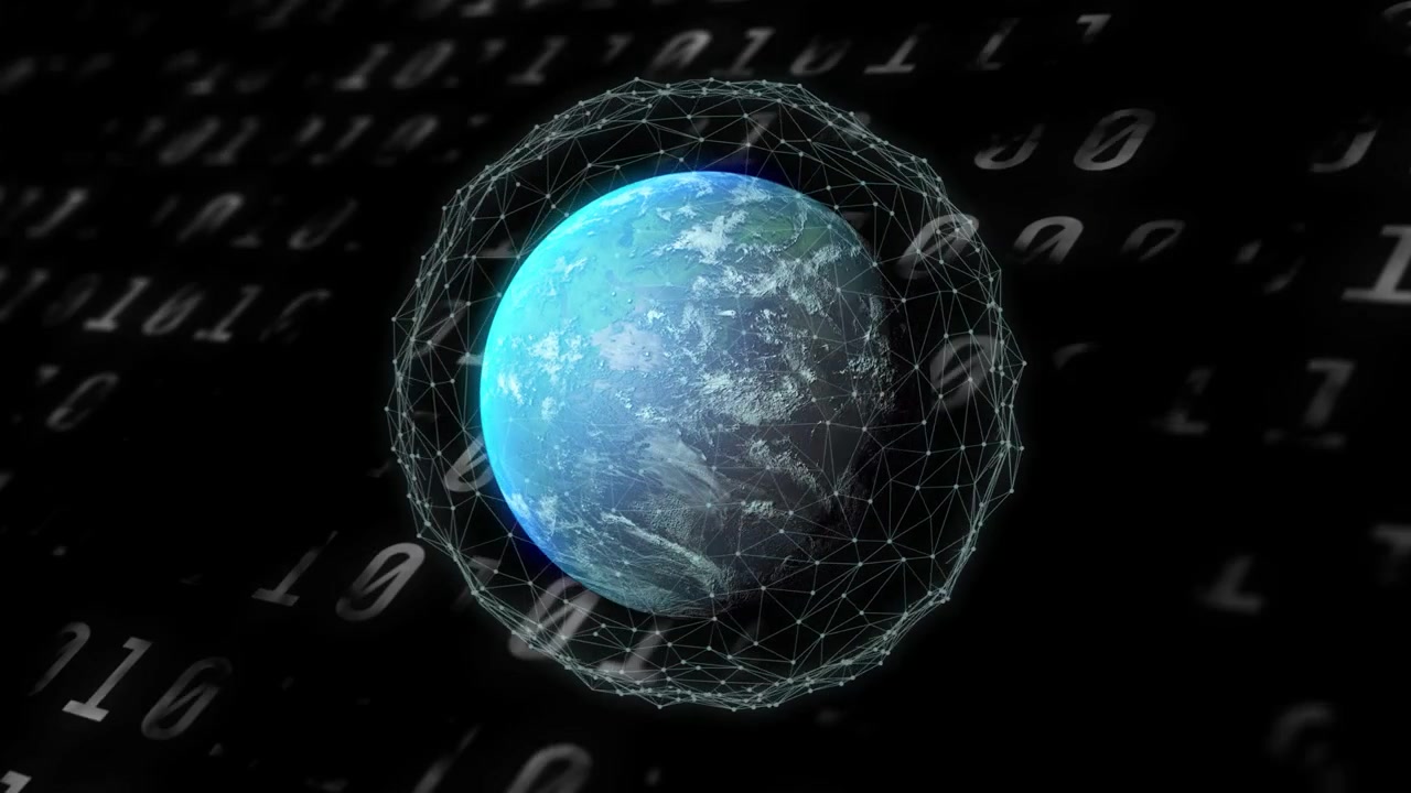 Mesh activating around blue-green globe, rotating while nodes pulsing visualizing binary data flow
