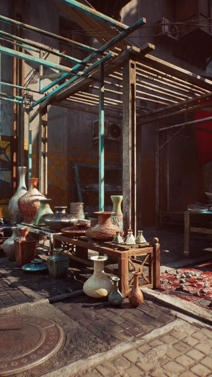 중동 의 거리 시장 에서 도자기 와 다른 물품 들 이 판매 되고 있다