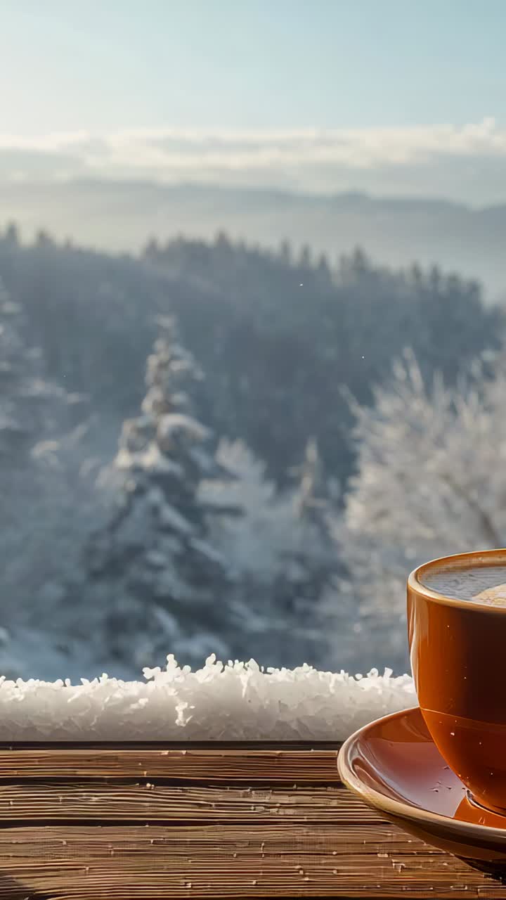 Vertical video: Morning light bathing burnt orange cup and saucer on wooden ledge, snow, copy space