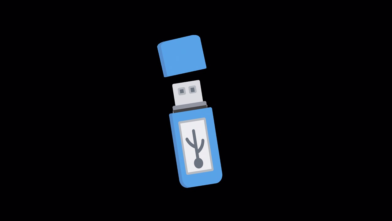 Animering av ett blått USB-minne som öppnas och stängs