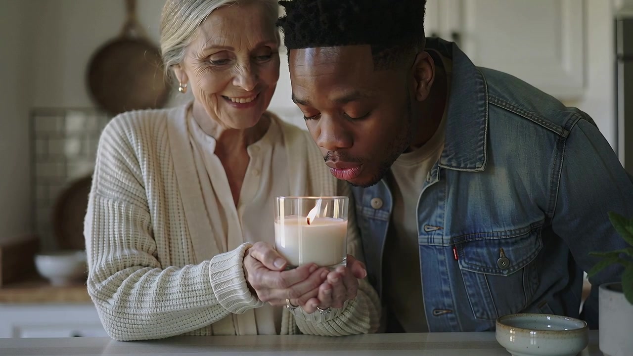 Seeing candle, adult man leaning, blowing at flame on kitchen counter to dim flames senior holding