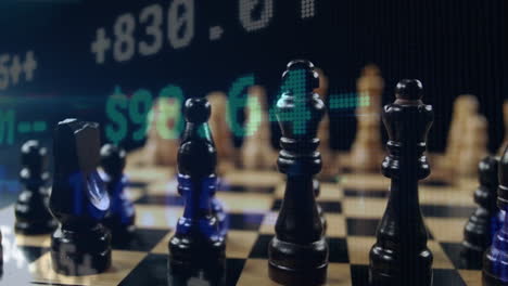 chess pieces on board with financial data animation over background