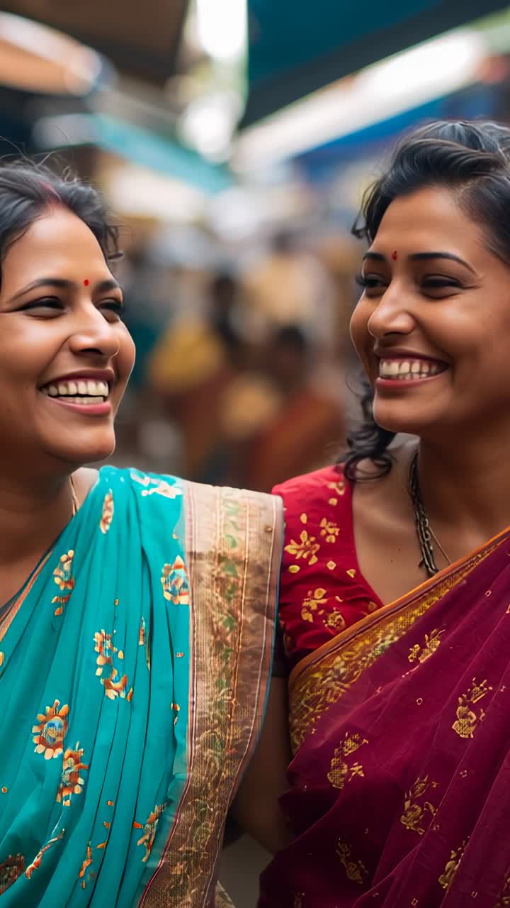 वर्टिकल वीडियो: फ़िरोज़ी और मरून साड़ियों में मुस्कुराते हुए दोस्त बाहों में बाहें डाले बाज़ार की गली में चल रहे हैं।